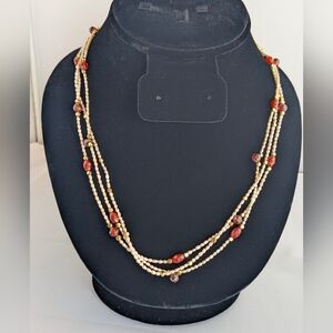 3 Strand Pink Pearl, Cut Garnet, Red Swarovski And Gold Accent Beads.